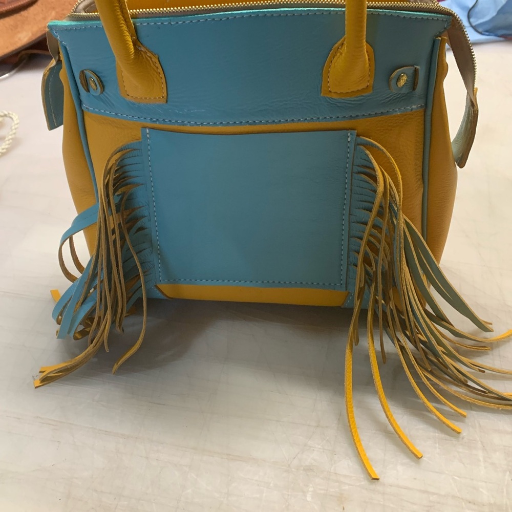 Stylish Blue and Yellow All Leather Fringe Handbag